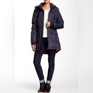 Sam Edelman Navy Blue Faux Fur Trimmed‎ Down Filled Parka Coat Women’s Size XL